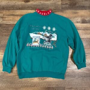 Bobbie Brooks VTG Snowy Mountain Adventure Christmas Sweatshirt Mock Neck L READ